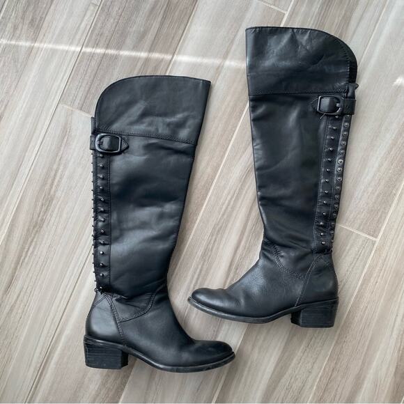 VINCE CAMUTO Womens Size 6 Studded Back Knee High Black Leather Riding Boots - Picture 1 of 3